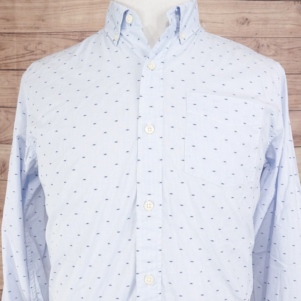 GAP Shirt Mens Medium Blue White Button Down Stretch Standard Fit Dot -I2